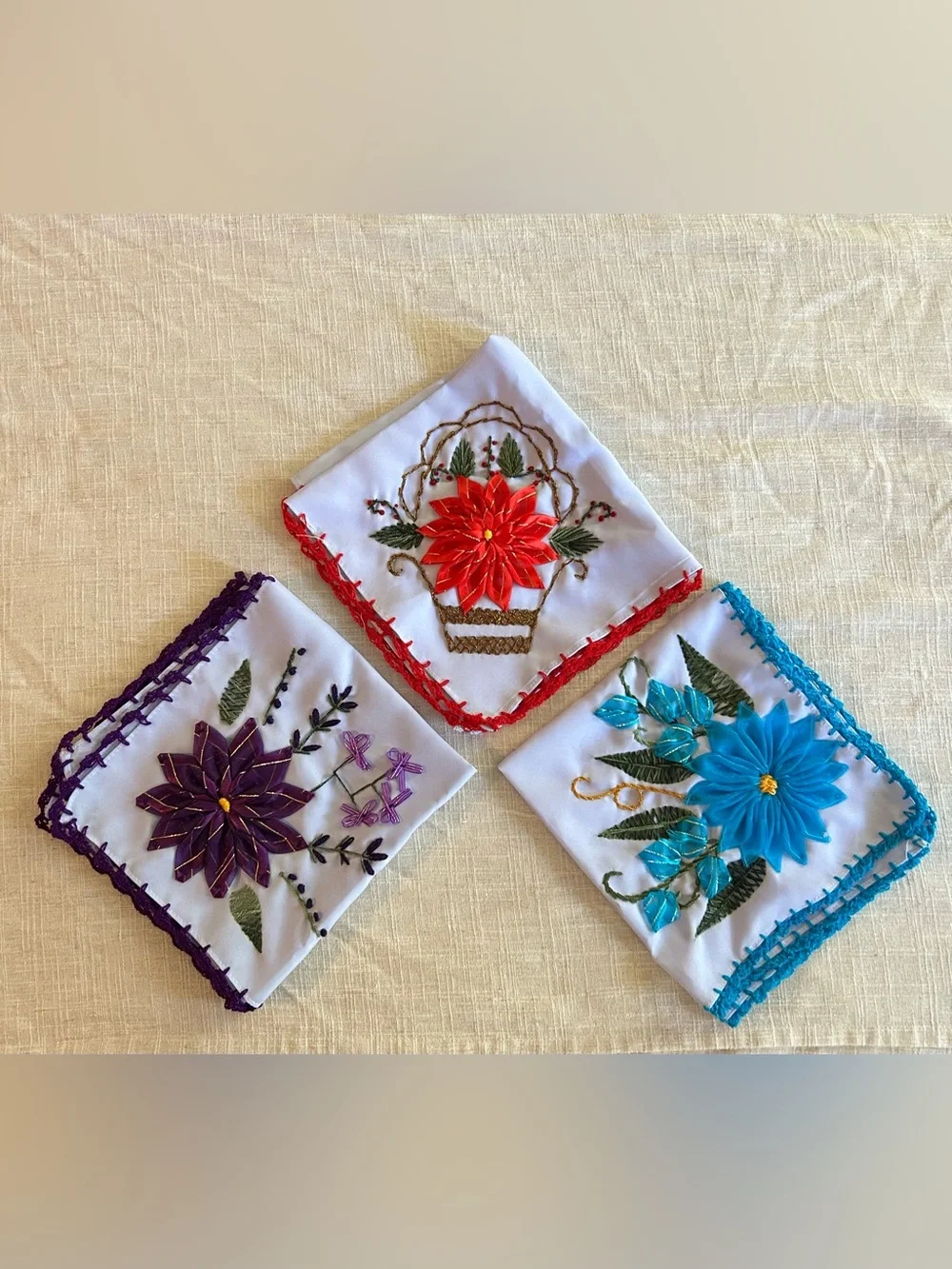 Mexican Artisanal Hand- Ribbon Tortilla Napkins Embroidered - Set of 3